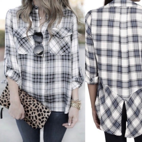 Sam Edelman Riley Plaid Black & White Button Front Top - Picture 2 of 8